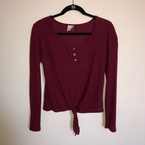 Maroon Waffle Knit Long Sleeve Sweater Top